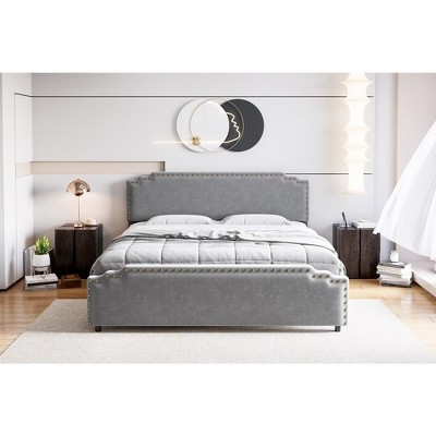 Platform Bed Frame, with Rivet Decor Headboard, Velvet Upholstered Bed Frame with Strong Wood Slat Support, No Box Spring Needed