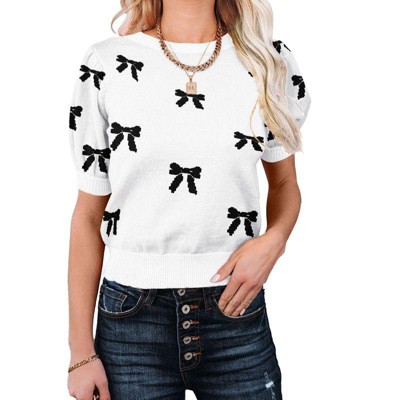 Coolmee Women's Summer Sweater Crew Neck Dressy Puff Sleeve Casual Soft Knit Pullover Tops