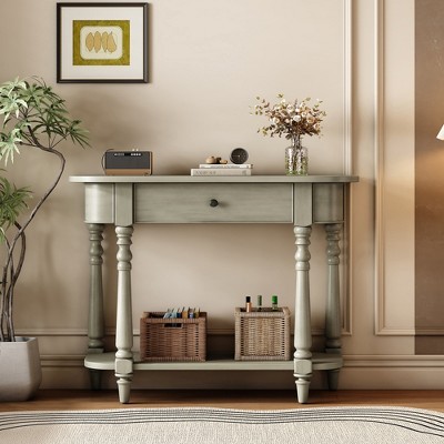 MOEPISY Narrow Console Table with Curved Corner, Retro Entryway Table with Top Drawer and Open Shelf, Gray