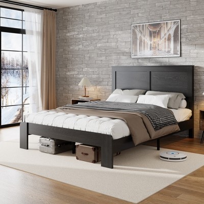 Bed Frame, Full/Queen/King Size Wood Platform, Noise Free,No Box Spring Needed and Easy Assembly Tool,Large Under Bed Storage,Dark Black