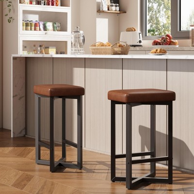 Bar Stools Set of 2, 24.6" Counter Height Backless Barstools, Upholstered PU Leather Seats with Metal X-Frame & Footrest