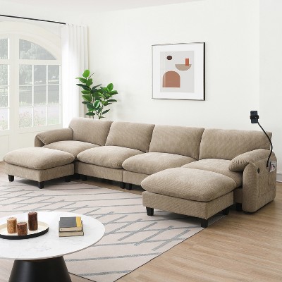 140" Chenille Upholstered U-Shape Modular Sectional Sofa with USB and Type-C Charger, Phone Holder