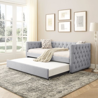 NicBex 85" Daybed Upholstered Twin Daybed with Trundle, Linen Fabric Day Bed with Tufted Button and Copper Nail for Living Room