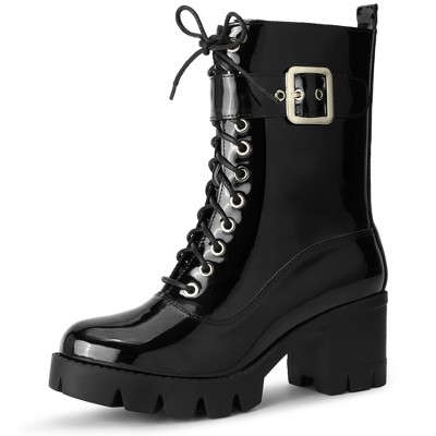 Perphy Women's Round Toe Lace Up Zipper Closure Platform Block Heel Combat Boots