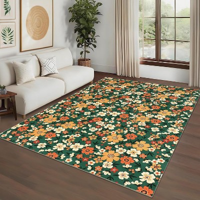 Modern Living Room Rug, Washable Floral Print Floor Cover, Low Pile Non-Slip Indoor Mat, Stain-Resistant Accent Carpet for Bedroom, Office