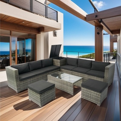 YOOCOZZ 8-Piece Outdoor PE Rattan Sectional Sofa Set with Storage Box, Table, and Stools, Free Combination - Grey