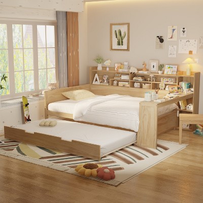 TIRAMISUBEST Wooden Twin/Full Size Daybed with Storage Shelves, Multi-functional Day Bed Frame Sofa Bed with Twin Size Trundle Bed and Study Desk