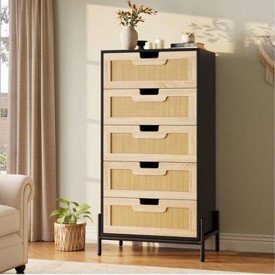 Rattan Openwork 5-Drawer Chest – Farmhouse Modern Bohemian Tall Cabinet & Storage Organizer for Bedroom, Living Room, Entryway, Black