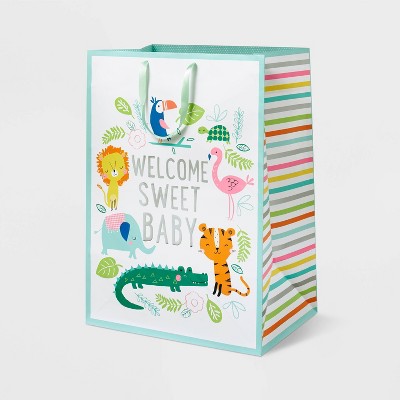 XL 'Welcome Sweet Baby' Jungle Colossal Cub Gift Bag - Spritz™: Large Baby Shower Gift Bag, Multicolor, Animal Pattern