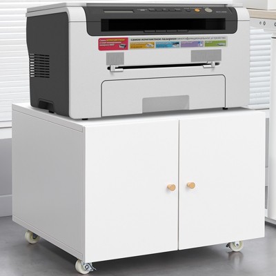 White Metal Printer Stand with Storage Mobile Printer Tables for Small Spaces with Door Adjustable Shelf File Cabinet on Wheels for Home Office.