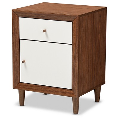 Harlow Mid-Century Modern Scandinavian Style Wood 1-Drawer And 1-Door Nightstand - White And Walnut - Baxton Studio: Rubberwood Construction