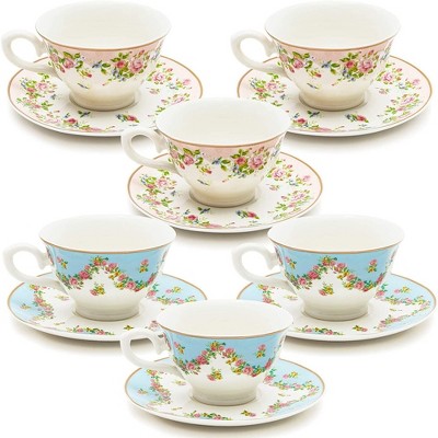 Sparkle and Bash Set of 6 Vintage Floral Tea Cups and Saucers for Tea Party Supplies, Bridal Showers & Garden Parties- Blue, Pink, 8oz