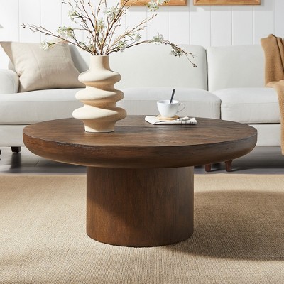 35.98" Round Coffee Table with Cylindrical Base, Wood Veneer Top, Large Center Table for Living Room or Office