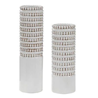 Uttermost Angelou Ceramic Vases Set of 2 – White Glaze with Taupe Accents, Beaded Texture, 14" & 18"