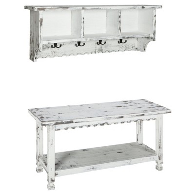 Country Cottage Antiqued Wood Coat Hooks and Storage Bench Set - Alaterre Furniture