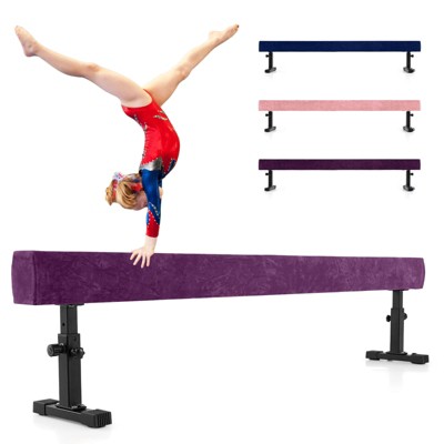 Costway 7.5 ft High and Low Gymnastics Beam with 3 Heights Heavy Duty Metal Legs & Wheels Purple/Blue/Pink