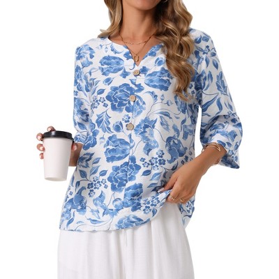 INSPIRE CHIC Women's 3/4 Sleeve Dressy Casual V Neck Boho Floral Button Decor Summer Blouse