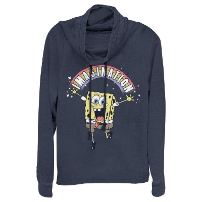 Juniors Womens SpongeBob SquarePants Imagination Rainbow Cowl Neck Sweatshirt