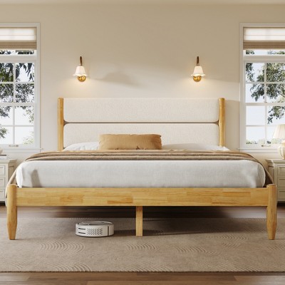 King Size Solid Wood Bed Frame with Upholstered Fleece Headboard, Ivory, Mid-Century Modern Platform Bed, Ivory-- Frevyn