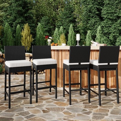 Patio Wicker Barstools With Cushions, Outdoor Wicker Bar Stools Set of 2, Outdoor Rattan Bar Height Stool Set Armless for Backyard, Poolside