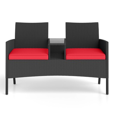 Tangkula Outdoor Rattan Loveseat 2-Seat Patio Conversation Set with Built-in Coffee Table Cushions Wicker Bench Furniture