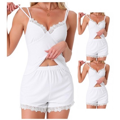 INSPIRE CHIC Women 2 Pcs Lounge Set Sleeveless Lace Spaghetti Strap Ribbed Pajama Sets