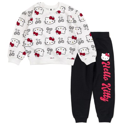 Hello Kitty Girls Fleece Boxy Sweatshirt Crop Top and Jogger Pants Outfit Set Little Kid to Big Kid