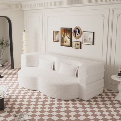 Whisen 3-In-1 Full Size Folding Sofa Bed & 2-Seat Floor Sofa & Chaise Lounge, Teddy Upholstery with 2 Pillows, No Assembly