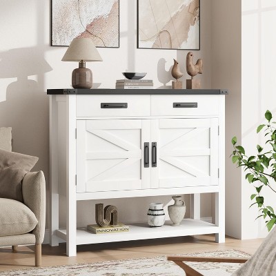 COZONY Farmhouse Console Table with 2-Door Cabinet, 2 Drawers & Open Shelf, Rustic Buffet Coffee Bar for Entryway or Living Room