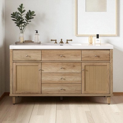 60" Bathroom Vanity with SMC Sink, Freestanding Storage Cabinet with Rattan Doors, Soft Close Drawers, Silver Knobs and Pine Legs
