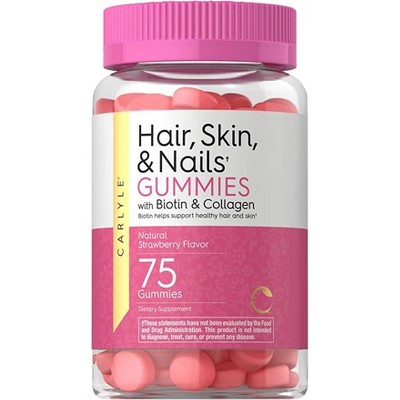 Carlyle Hair Skin and Nails Vitamins | 75 Gummies | with Biotin and Collagen | Strawberry Flavor