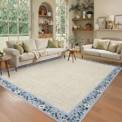 Washable Living Room Rug Floral Bordered Area Rugs Soft Thin Indoor Carpet