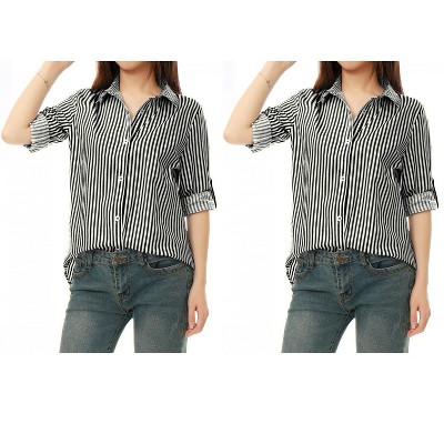 Allegra K Women's Striped Button Down Roll-up Long Sleeves Point Collar Shirt 2 Packs