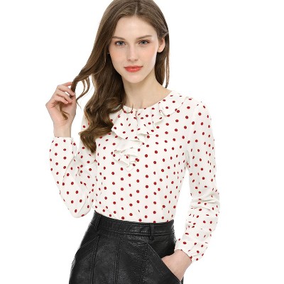 Allegra K Women's 1950s Vintage Ruffle Neck Long Sleeve Dots Chiffon Blouse