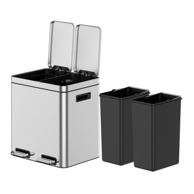 Dual Compartment Stainless Steel Step Trash Can – Kitchen Garbage & Recycling Bin with Soft-Close Lids & Removable Buckets
