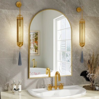 24" x 36" Arched Mantle Mirror, Black/Gold-HOMLUX: Metal Frame, Wall Mount, Modern Decor