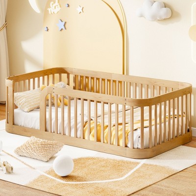 Whisen Wood Twin Size Wood Floor Bed Frame with Fence