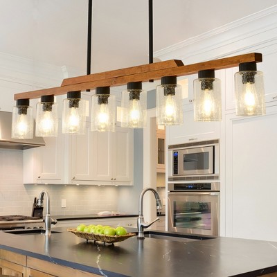 BAOURE 3-Light Farmhouse Wood Chandelier - 19.69" Rustic Rectangular Pendant Light - Black with Seed Glass Shades for Kitchen Islands & Dining