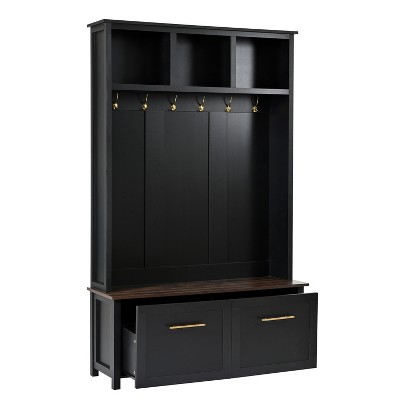 TiramisuBest 4-in-1 Farmhouse Hall Tree with Wood Bench, 2 Drawers & 6 Hooks - Entryway Organizer for Hallway/Living Room (Black, 55.9"x75.6")