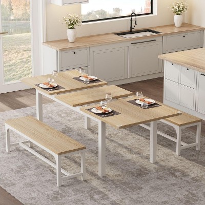 43.7in-63in Extendable Dining Table Set for 6-8 with 2 Benches and 2 Stools, Large Dining Room Table Set for 6