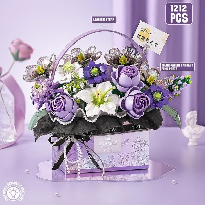1212 PCS Block Rose Flowers DIY Bouquet Building Set Toy with Handheld Box & Light for Kids Girlfriend Mom Birthdays Decorative Purple Color Gift