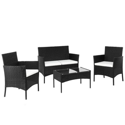 Karl Home 4-Piece Wicker Patio Conversation Set with White Cushions