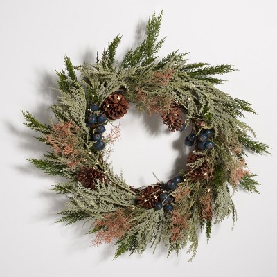 Faux 24" Pine Wreath W/ Pine Cones & Blueberries - Green/Blue - Safavieh