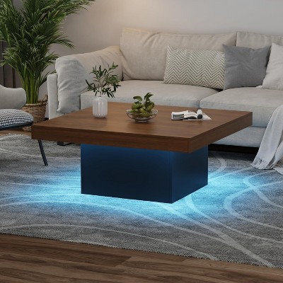 Square Coffee Table with Led Lights, 35 inch Living Room Tables, Modern Coffee Tables with Plug-in 16-Color LED Lights for Home Office Brown