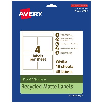 Avery Recycled Matte White Labels,  4" x 4" Square