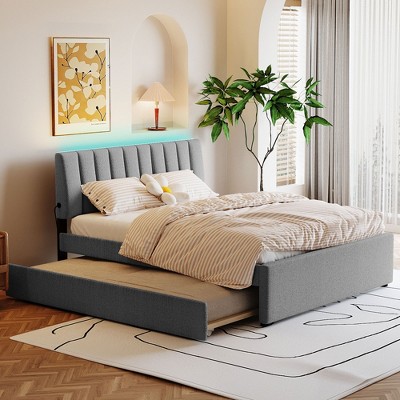 Okak Platform Bed Frame with Upholstered and LED Lights No Box Spring Needed Teddy Fleece Bed with Trundle
