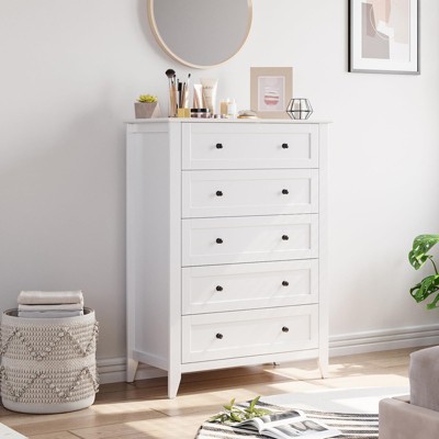 5 Chest of Drawer Dresser, Modern Tall Nightstand with Deep Drawers and Nickel Round Handle, Wood Organizer Storage Cabinet ,White