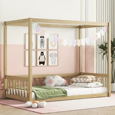 Twin Size Canopy Bed with Fence and Guardrails for Bedroom