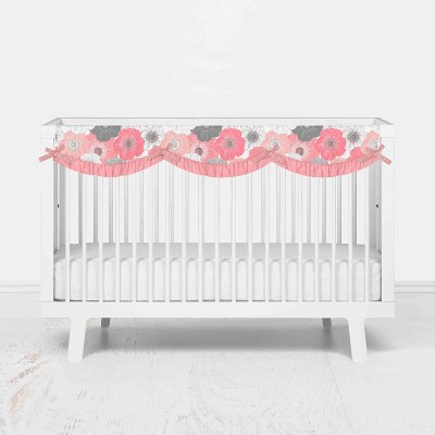 Bacati - Watercolor Floral Coral Gray Long Side Crib Rail Guard Cover
