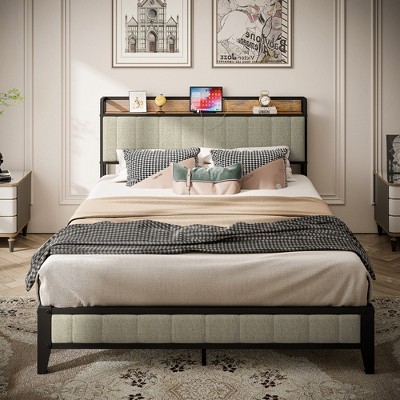 Full Size Bed Frame with Charging Station and Upholstered Headboard